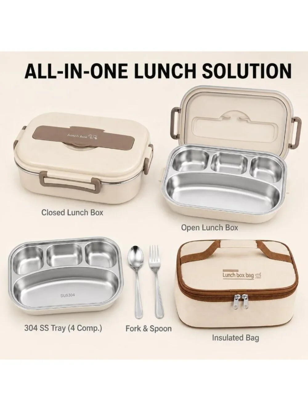 Leakproof Stainless Steel Bento Box - 4 Compartment Meal Prep Container with